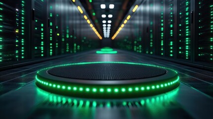 Round platform with green lights in a futuristic server room setting.