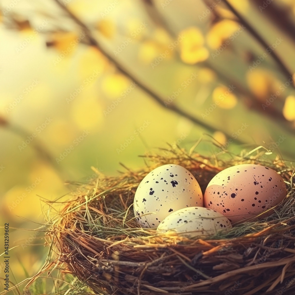Poster serene easter nest with speckled eggs amidst soft sunlight and blurred foliage creating a peaceful s