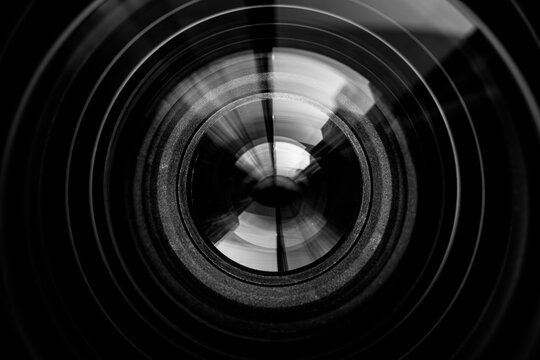 Fototapeta Macro camera lens,Photography Lens Extreme Close Up,Close up of DSLR, SLR or Mirrorless camera lens and see through the lenses structure inside with also the reflection on lens surface.