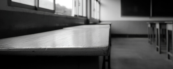 Fototapeta premium Empty classroom with wooden desks in black and white, creating moody atmosphere