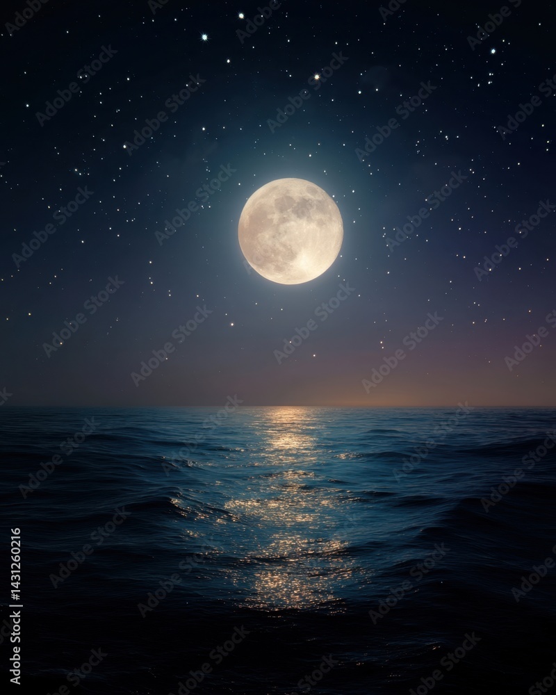 Poster ethereal moonlight reflecting on the serene ocean waves under a starlit sky creating a tranquil and 