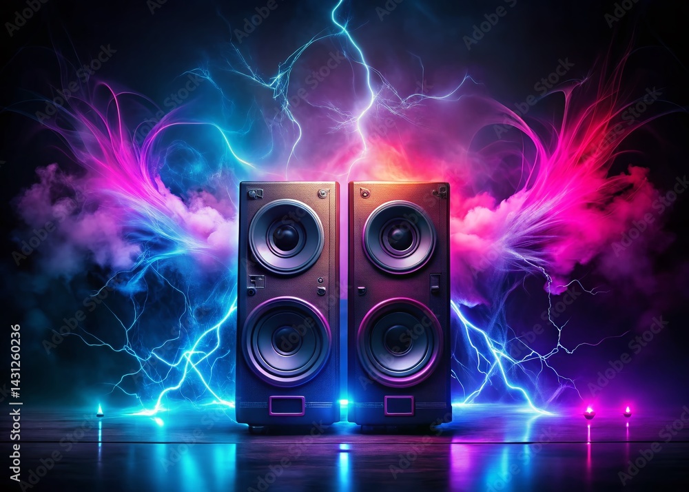 Poster neon speakers exploding with smoke and lightning - dynamic music background