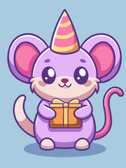Adorable Purple Mouse with Party Hat Holding Gift