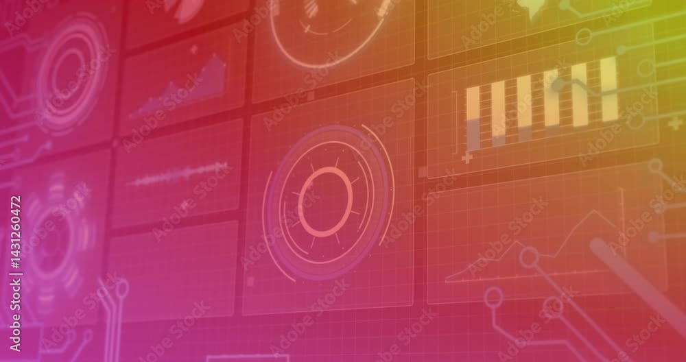 Poster circular hud graphic displaying line waveforms, bar charts, world map over pink orange panels