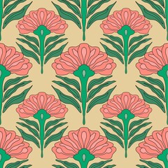 Coral Blossom Retro Pattern Art Nouveau Pink & Green Florals Tropical Petal Repeat Design Vintage Botanical Seamless Print Stylized Floral Folk Art Print Elegant Floral Decorati Artwork