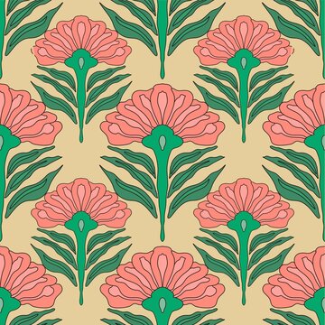 Coral Blossom Retro Pattern Art Nouveau Pink & Green Florals Tropical Petal Repeat Design Vintage Botanical Seamless Print Stylized Floral Folk Art Print Elegant Floral Decorati Artwork