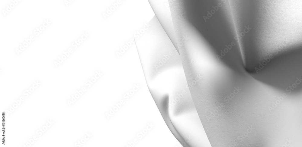 Poster Close-up of a white fabric drape, showcasing its texture and folds. The fabric is illuminated by a soft, white light, creating a dramatic contrast against the dark background.