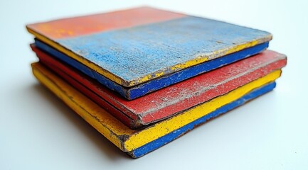 Stack of Three Colorful Wooden Coasters with Red, Blue, and Yellow Paint on a White Surface
