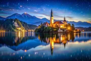 Fototapeta premium Night Photography: Bled Church of the Assumption, Slovenia - Illuminated Lakeside Chapel
