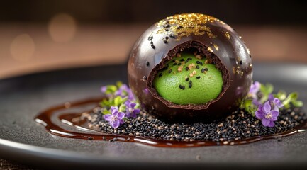 Artfully Plated Dessert Sphere with Green Filling, Black Sesame Seeds, Edible Gold, and Delicate Purple Flowers