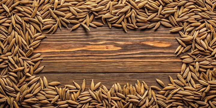 Close-up of cumin seeds in a symmetrical pattern on a wooden background, with some seeds scattered around and others arranged in rows , close-up photography, texture pattern