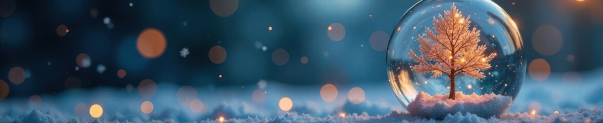 Small shiny tree in glass sphere with snowflakes and glitter,  icy landscape,  winter scene