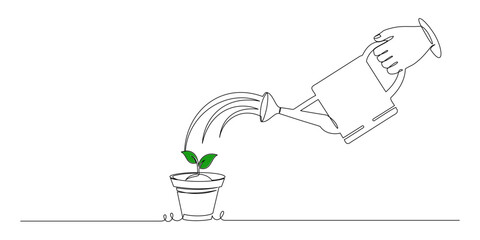 Line art style Watering plants. Vector illustration about saving the environment on Earth Day