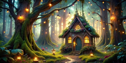 Fototapeta premium House in forest with glowing lights and whimsical decorations, enchanted forest, whimsical house, enchanted forest
