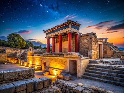 Night Photography: Knossos Palace Ruins, Crete, Greece - Ancient Minoan Civilization