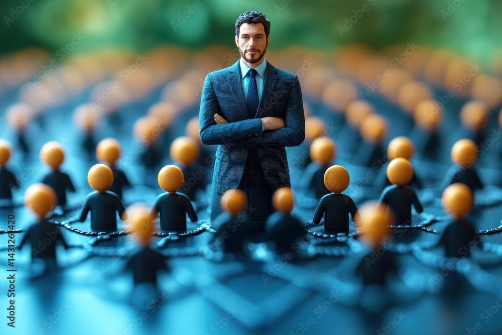 Poster leader standing among committed team members in a network of connection and collaboration for busine