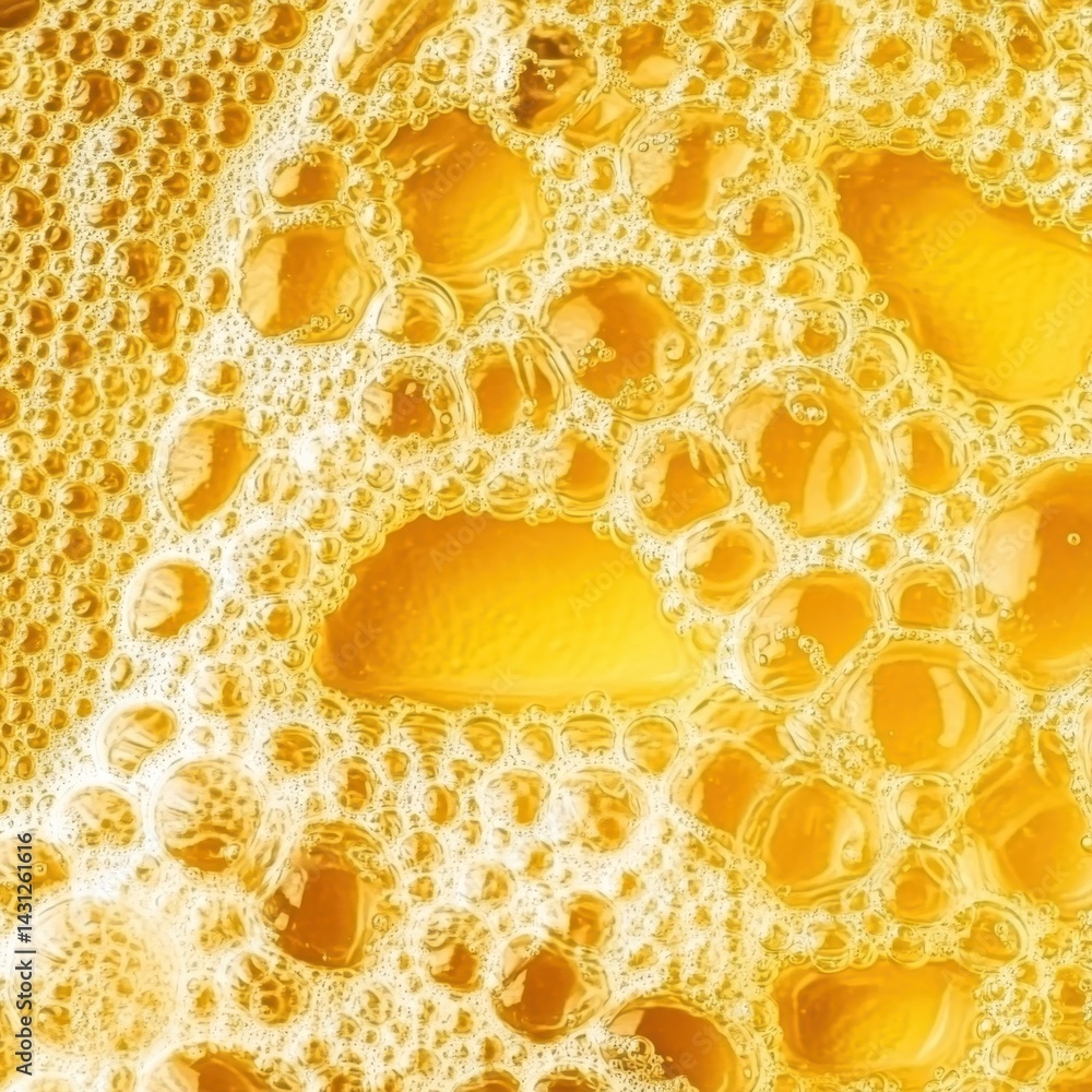 Poster effervescent golden liquid close up capturing the play of light and shadow on the surface with small