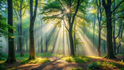Fototapeta premium Misty forest morning with light beams filtering through dense trees creating shadows and highlights