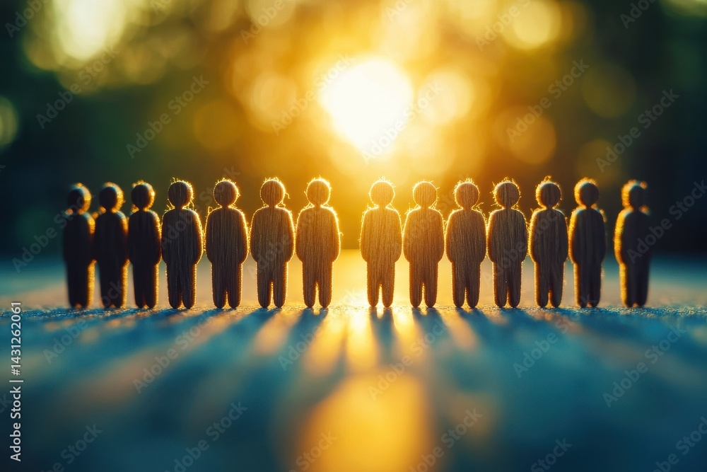 Poster silhouetted group of figurines standing in a row against a beautiful backdrop of sunset with soft li