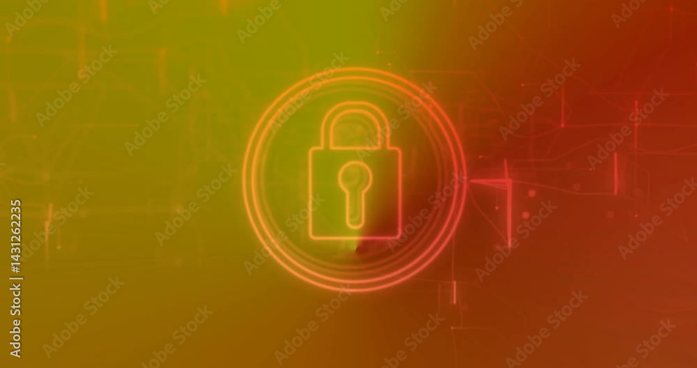 Poster Neon padlock icon glowing at center with rotating concentric rings on color gradient interface