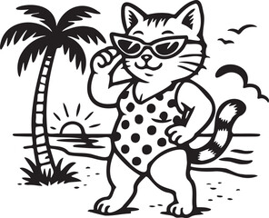 cat on the beach vector illustration