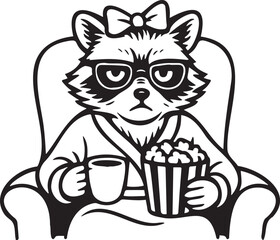 funny raccoon with a cup of coffee and popcorn