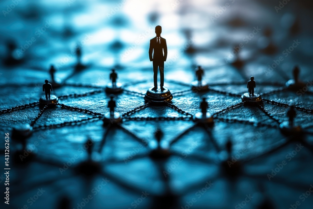 Poster business leader surrounded by network connections and digital nodes representing professional relati