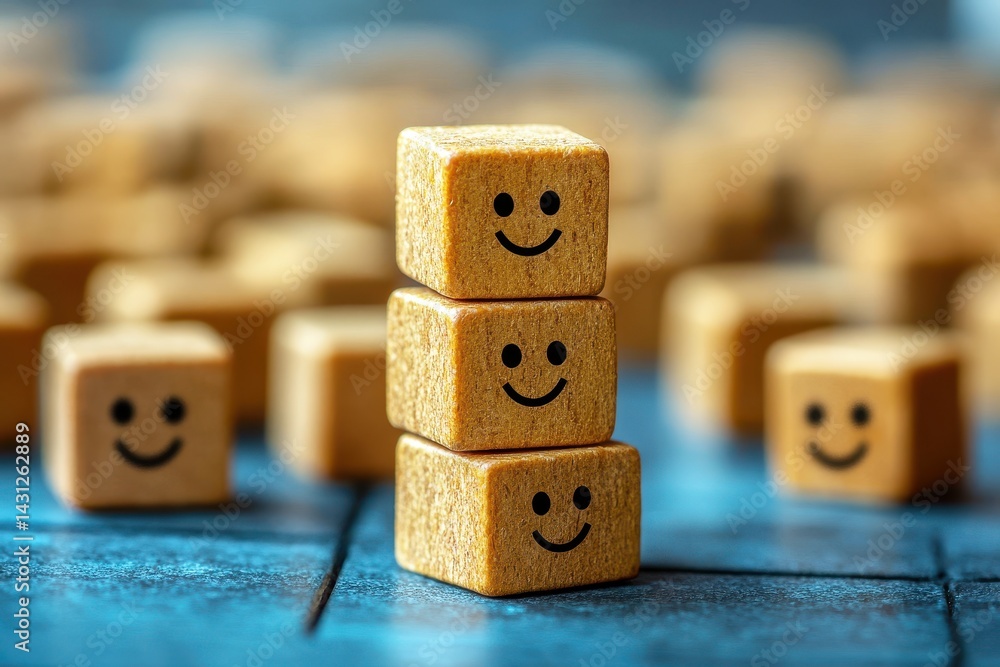 Poster three wooden blocks with smile faces stacked on blue background surrounded by more smiling blocks fo