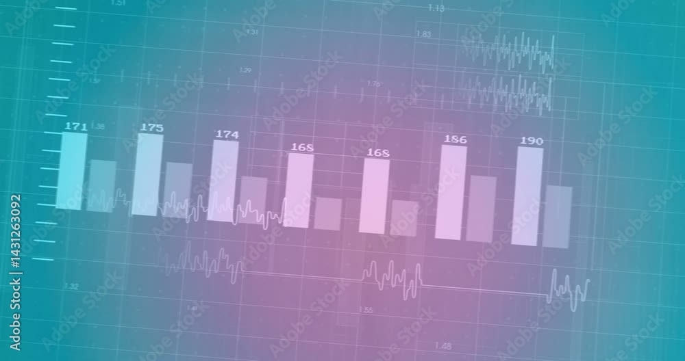 Poster Digital analytics dashboard displaying vertical bars and weaving waveform over gradient grid
