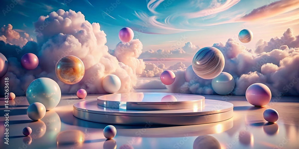 Aufkleber panoramic abstract marble platform with floating spheres and clouds - minimalist design