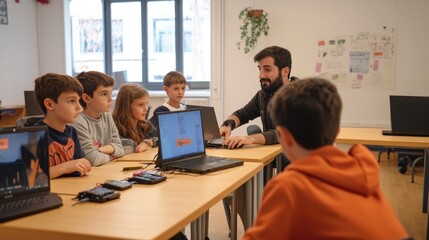 A diverse group of children and an adult are engaged in a coding activity at a bright classroom.