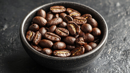 Fototapeta premium From above, a close-up view of roasted coffee beans in a dark bowl on a textured black surface