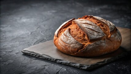 Artisan sourdough bread, a rustic loaf with a deeply golden-brown crust and a delicate dusting of flour, rests on a dark slate board.