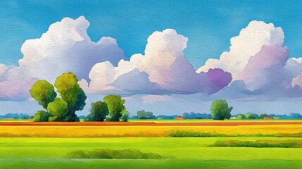 Abstract watercolor landscape concept. Vibrant landscape with clouds and trees in a colorful field.