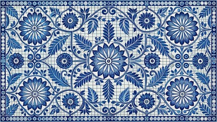 Traditional Greek mosaic style floral tile pattern with blue and white hues in a repeating seamless background design, Mediterranean Architecture, Blue and White