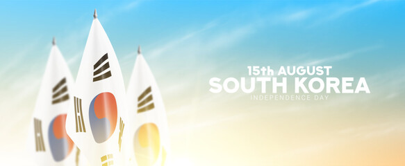 Happy Independence Day of South Korea. South Korean flags isolated on cloudy sky at sunrise for decoration South Korean Independence Day. Vector illustration. Day of South Korea on 15th of August.
