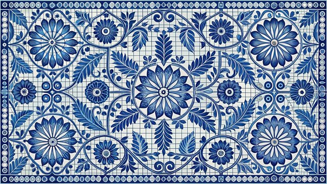Traditional Greek mosaic style floral tile pattern with blue and white hues in a repeating seamless background design, Mediterranean Architecture, Blue and White