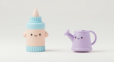 Fototapeta premium Pastel Glue Bottle and Watering Can Figurines on White Background