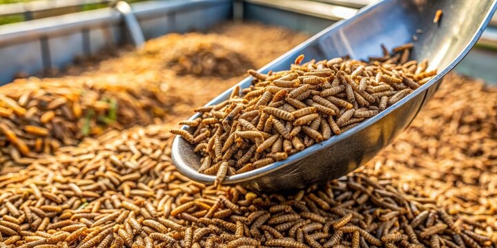 Black soldier fly larvae being harvested at an insect farm for animal feed using a large metal scoop, larval harvesting, sustainable agriculture