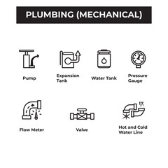 Detailed plumbing system icons (mechanical side) for engineering design, piping layouts, and HVAC blueprints. Ideal for engineers, contractors, and technical illustrators.