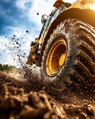 Close-Up View of Heavy Machinery Tire in Action with Dirt and Dust Flying Under Bright Sky