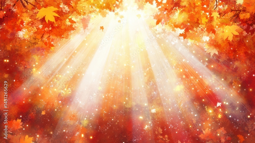 Poster radiant autumn foliage art with warm sunlight filtering through colorful maple leaves creating a ser