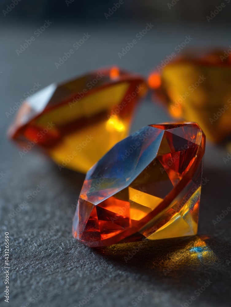 Poster faceted amber gemstones on dark surface reflecting light in a close up macro shot with shallow depth