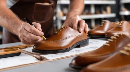 A skilled shoemaker in an apron designs luxury leather shoes at a workbench, highlighting craftsmanship and attention to detail