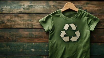A stunning image of eco-friendly apparel marked with a recycle symbol, promoting sustainable textiles and encouraging consumers to reject fast fashion for environmental conservation.