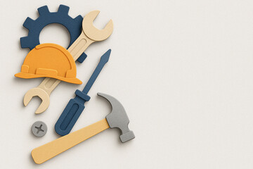 Minimalist Labor Day background with paper cut style tools, gear, hard hat, and screw on white space, industrial and holiday concept for banner, greeting, or business use