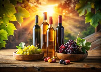 Fototapeta premium Panoramic View: Wine Bottles, Grapes, Rustic Tabletop