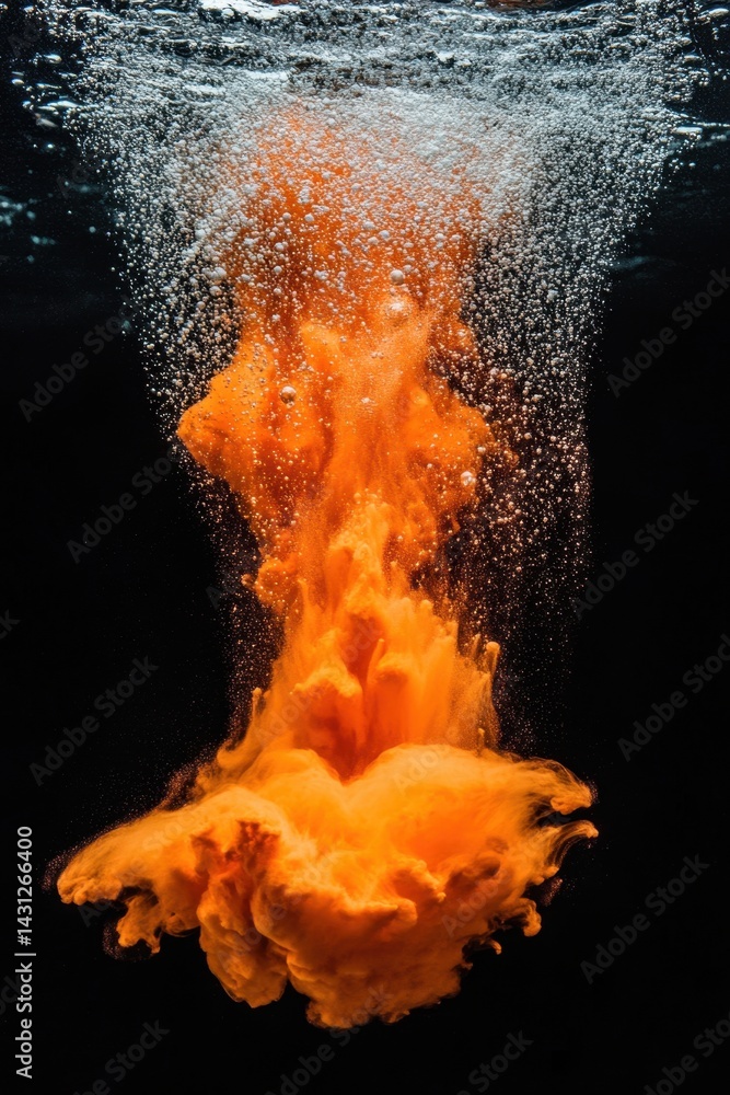 Poster ethereal orange pigment explosion under clear water with rising bubbles against a stark black backgr