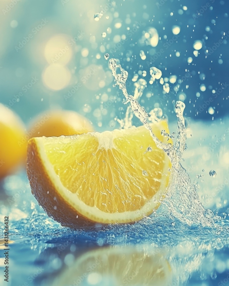 Poster refreshing orange slice in a splash of water against a soft blue background capturing citrus freshne