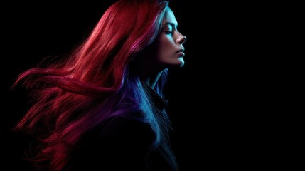 Fototapeta premium Colorful, vibrant, woman's profile, long hair, neon lights